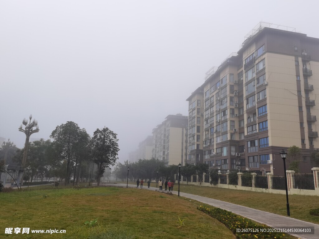 雾中校园建筑与绿地景观