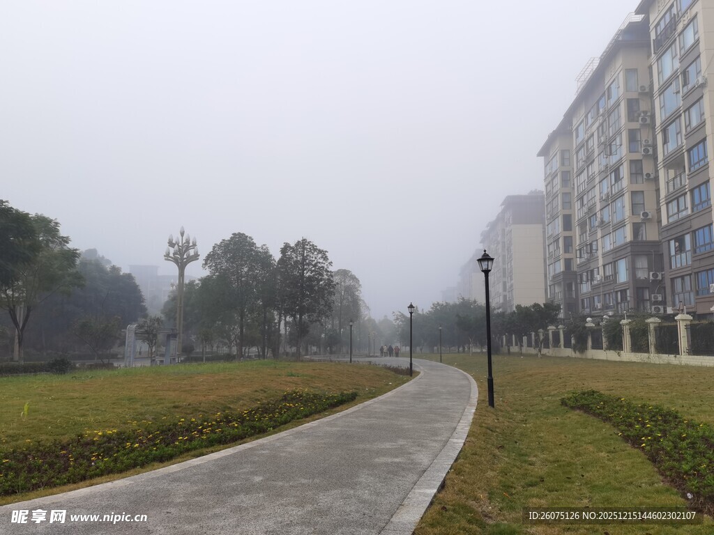 雾中宁静的小区景观步道