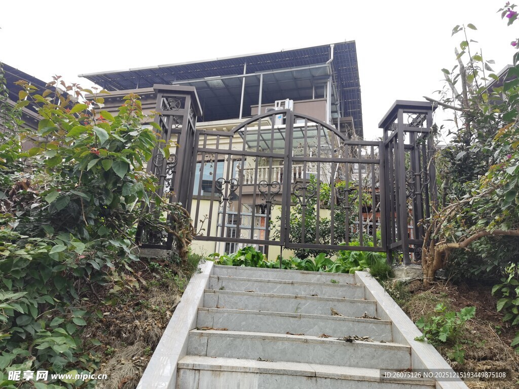 庭院小径通向绿植环绕小屋