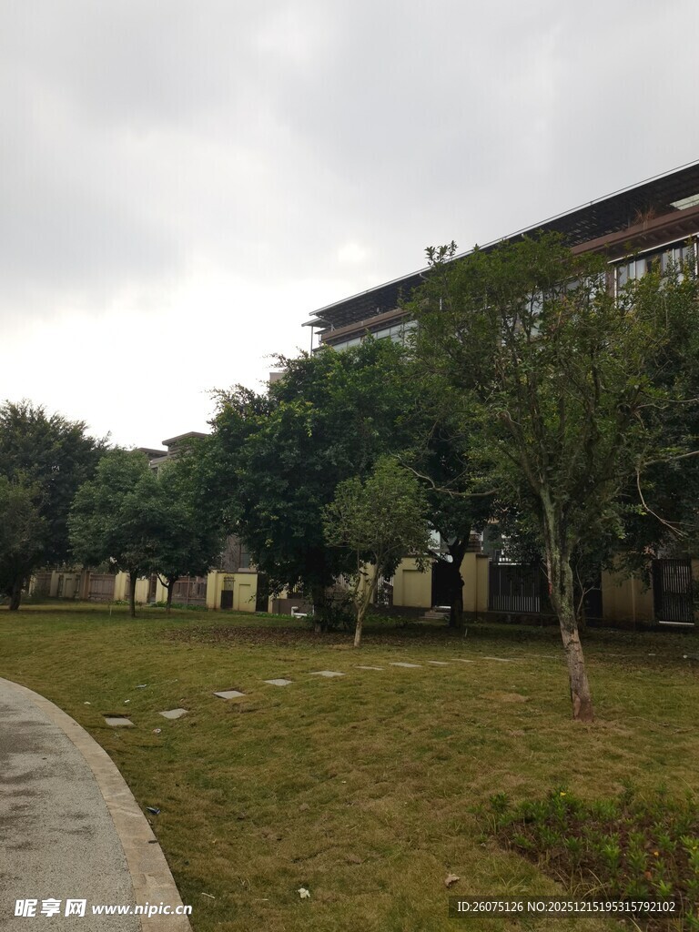 校园草地旁的建筑风景