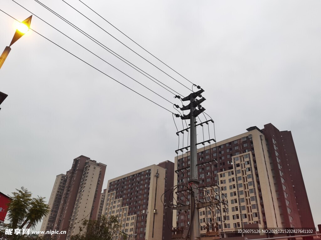 城市高楼与电线杆景观