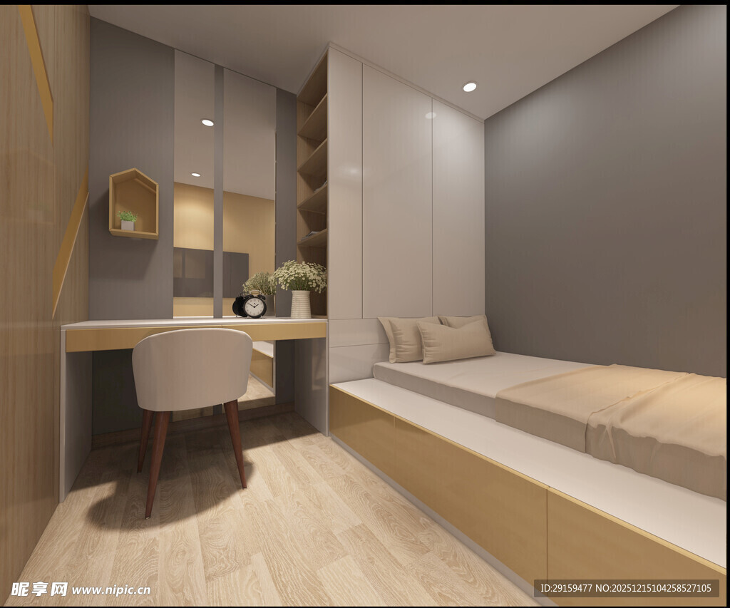 简约风卧室书房一体化空间