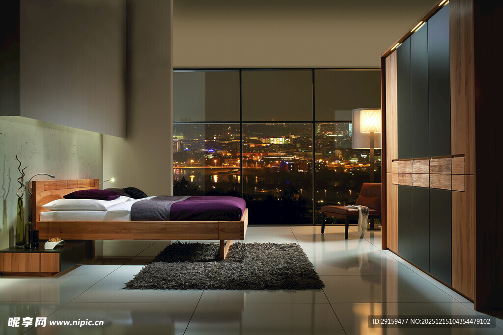 现代奢华卧室夜景