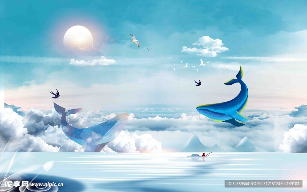 梦幻海洋中的鲸鱼与飞鸟