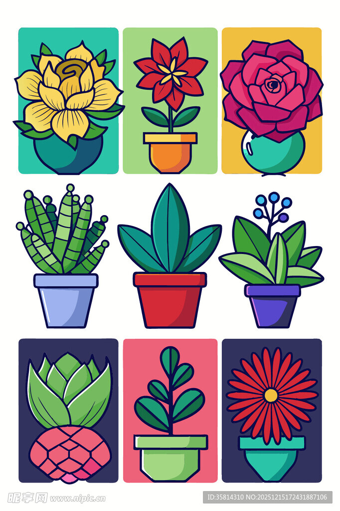 多彩盆栽花卉图案集合