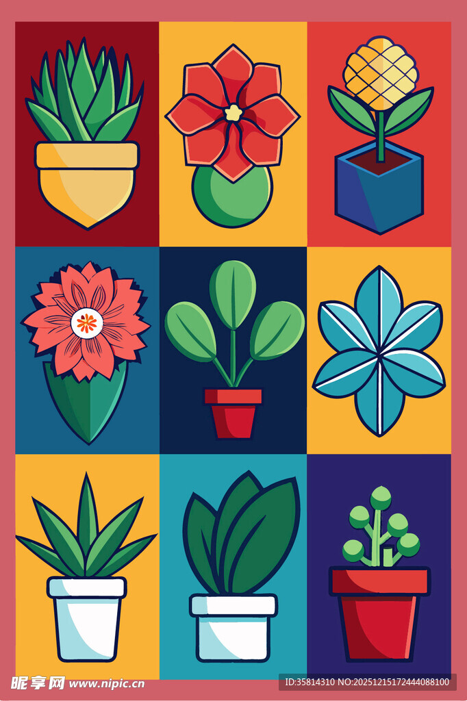 多彩盆栽图案花卉艺术风