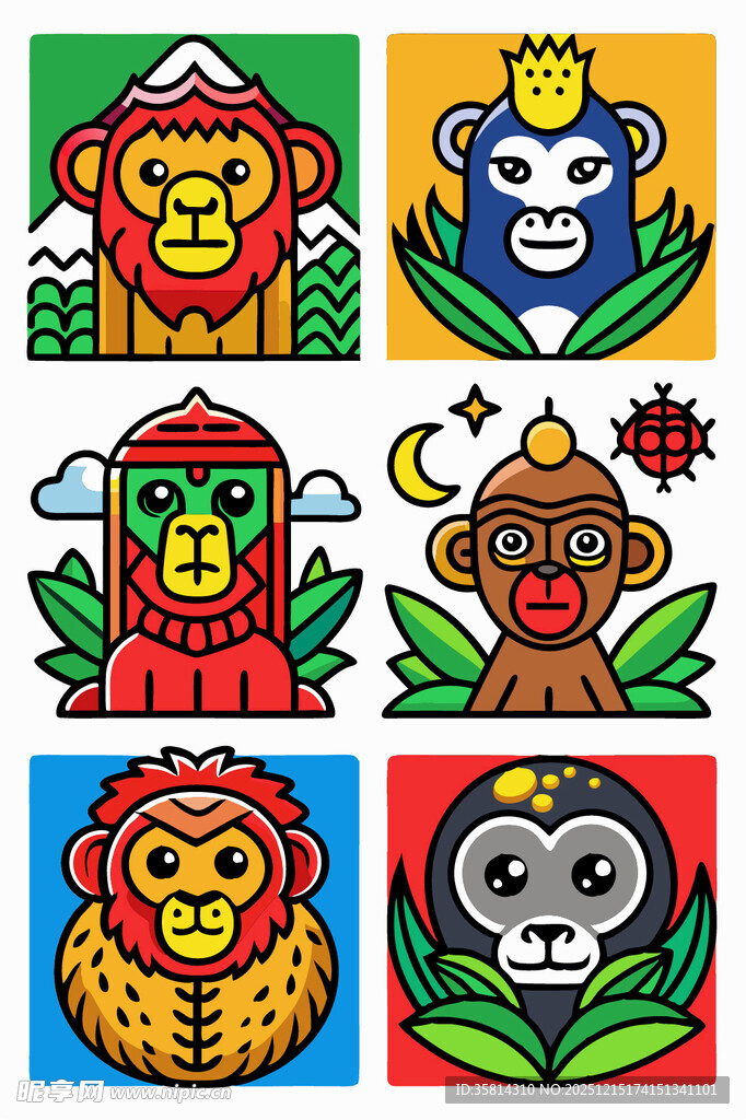 多彩猴子插画图案集合