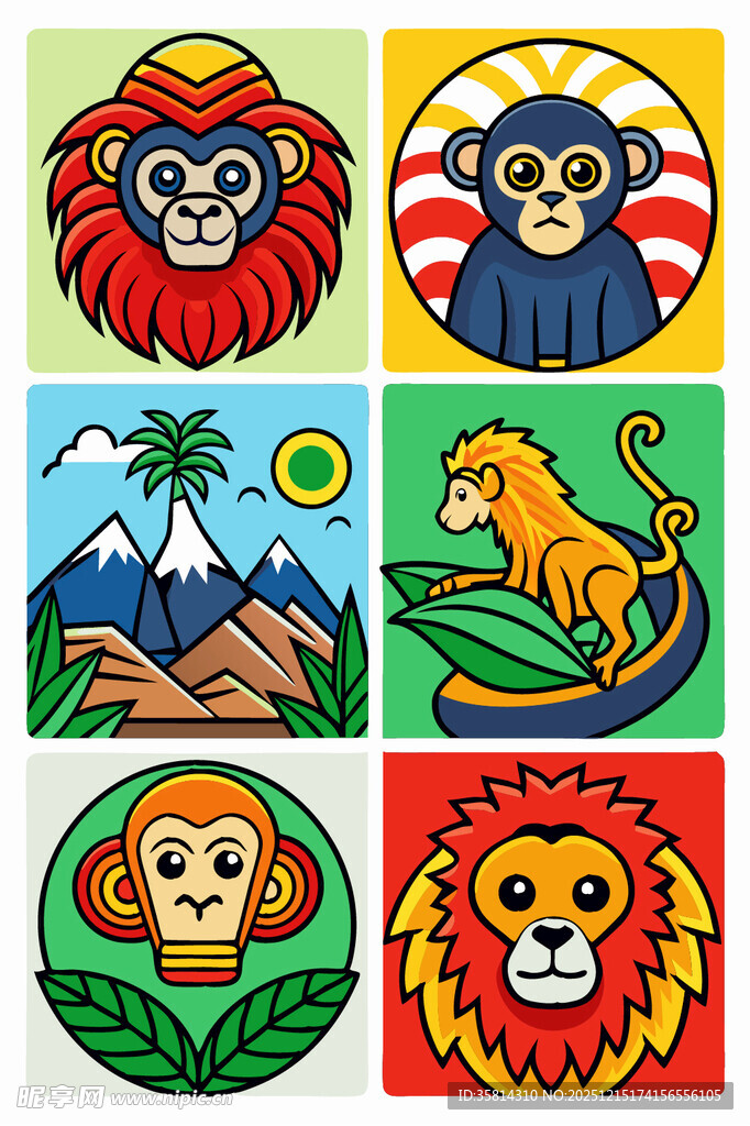 多彩动物头像插画