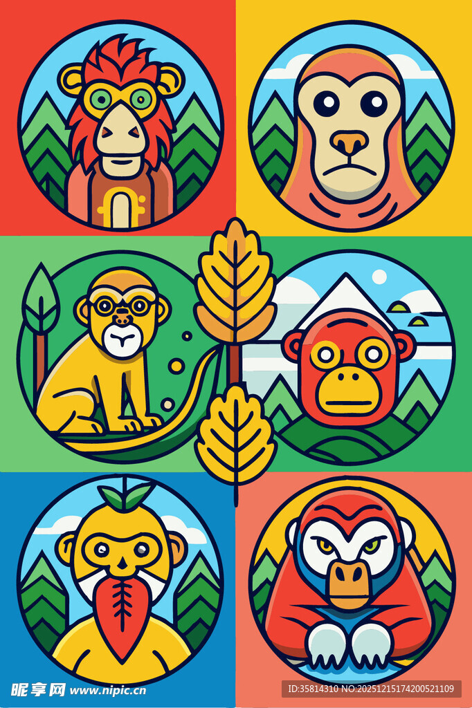 多彩动物圆形插画图案