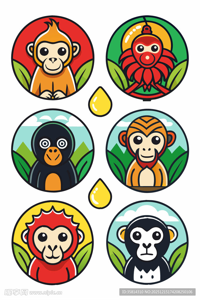 多彩猴子卡通图标集合