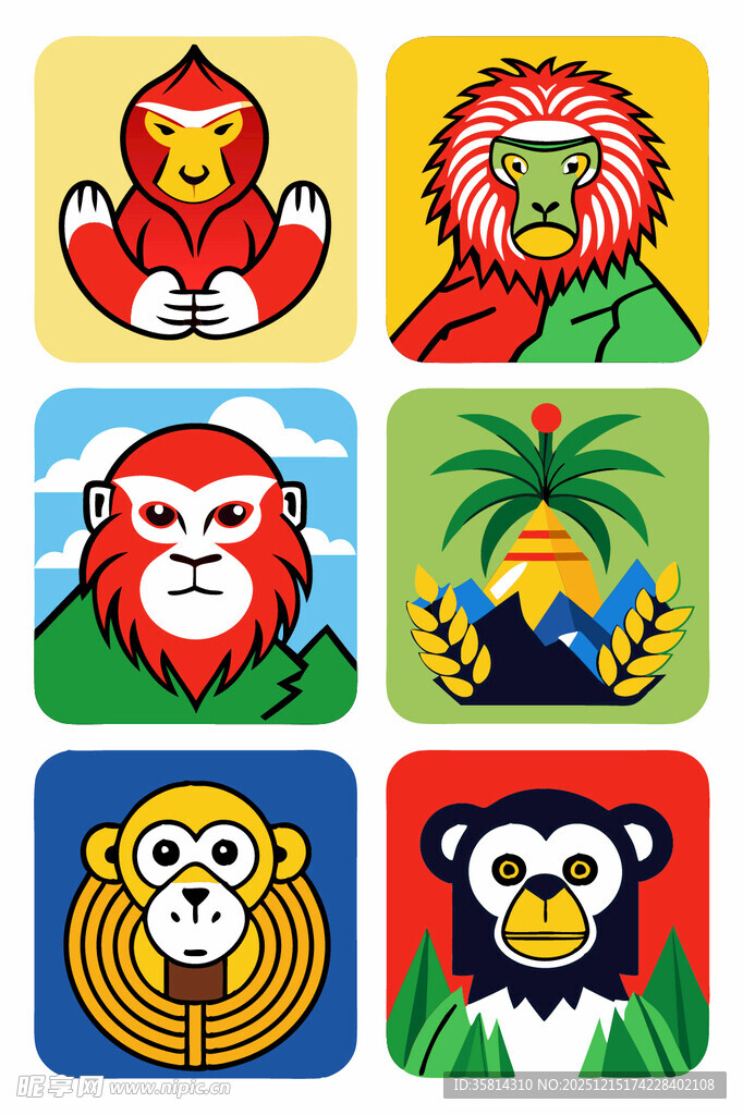多彩猴子卡通图标集合