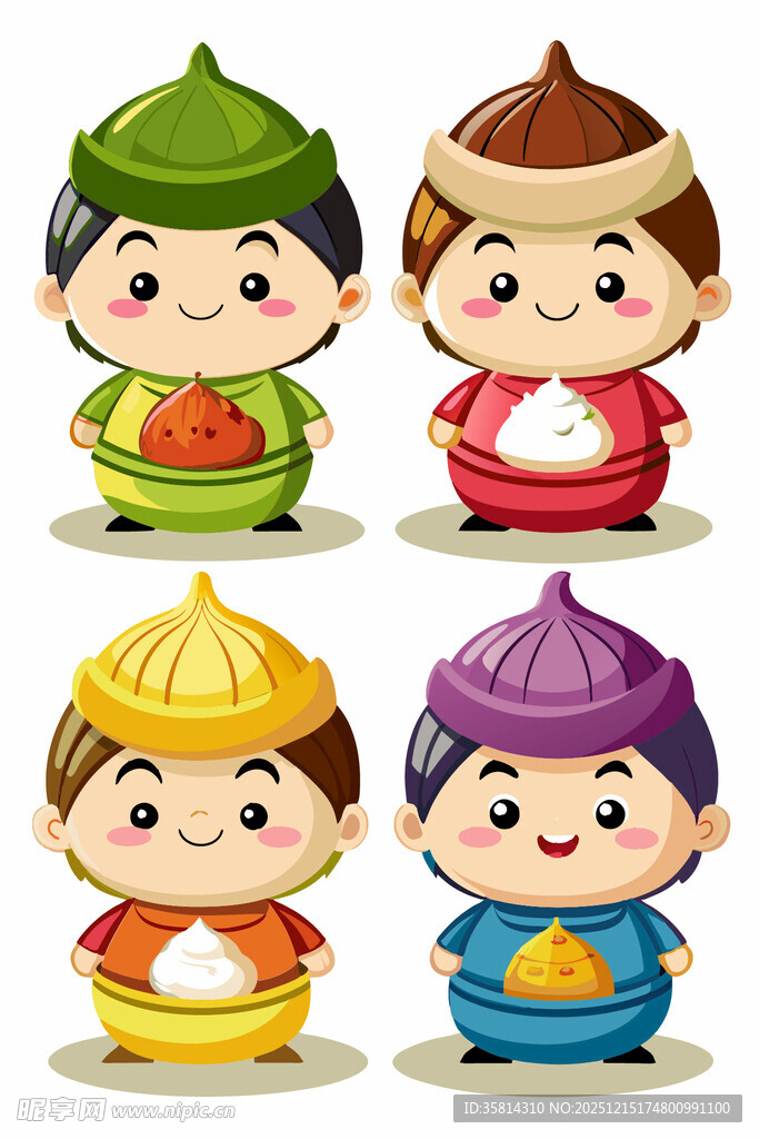 四个传统服饰卡通儿童形象