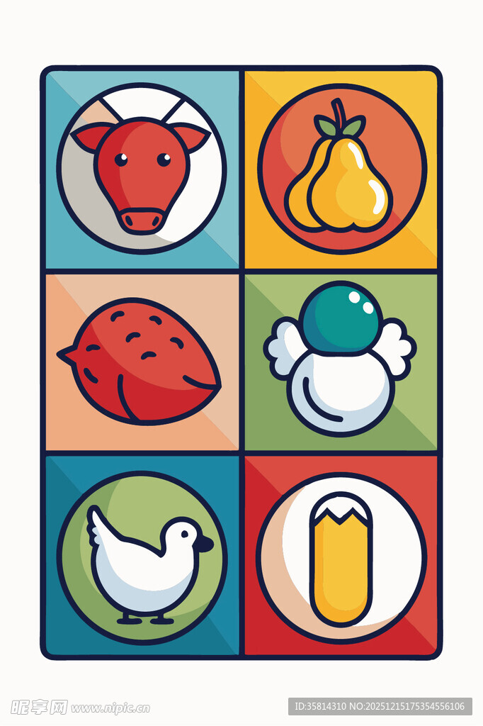 多彩卡通动物与水果图标