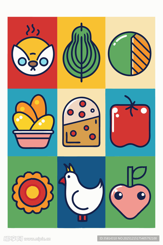 多彩卡通食物与物品图案