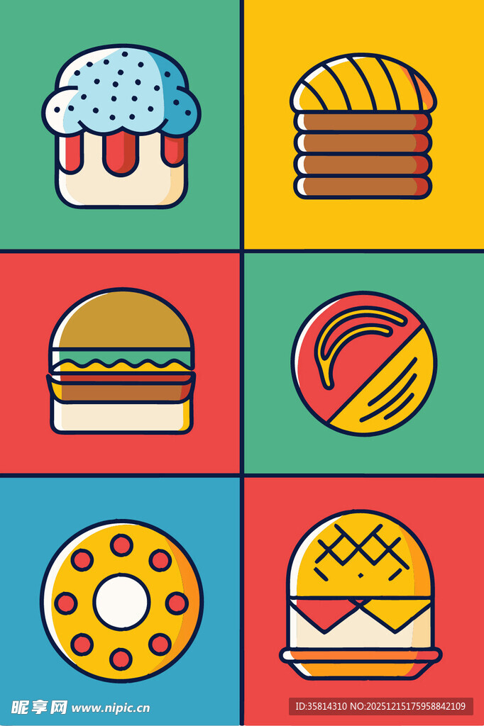 多彩美味快餐图标集合