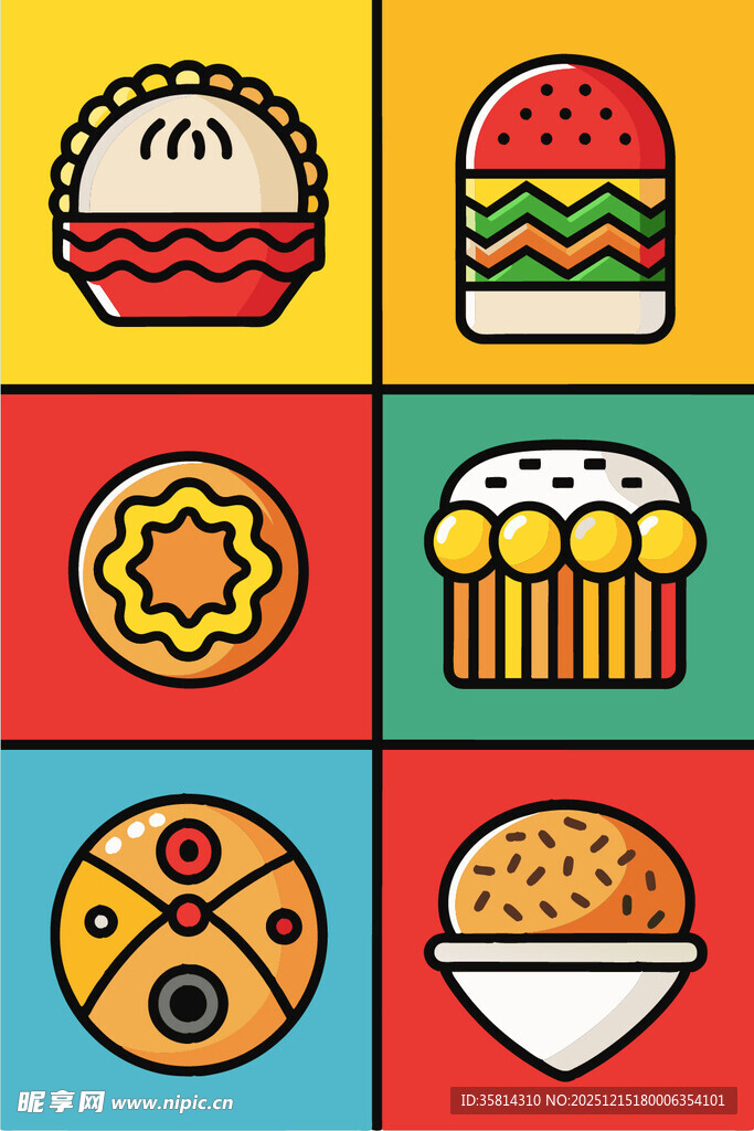 多彩美味快餐图标集合