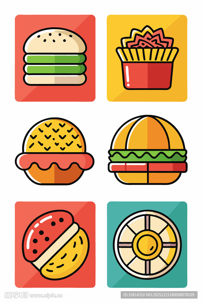 多彩美味快餐图标集合