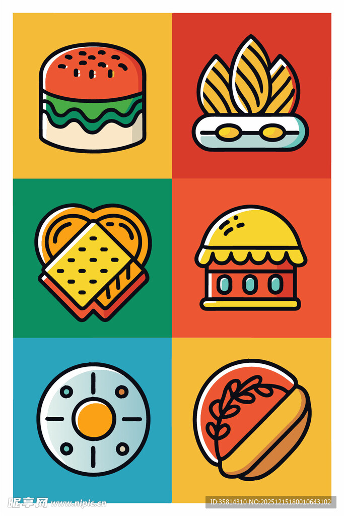 多彩美味快餐图标集合