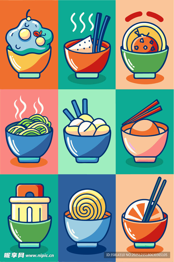 多彩美味亚洲面食插画