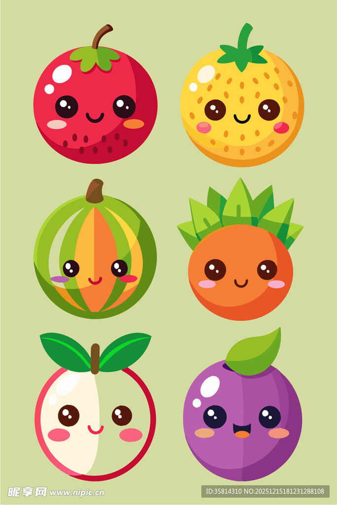 可爱表情的卡通水果集合