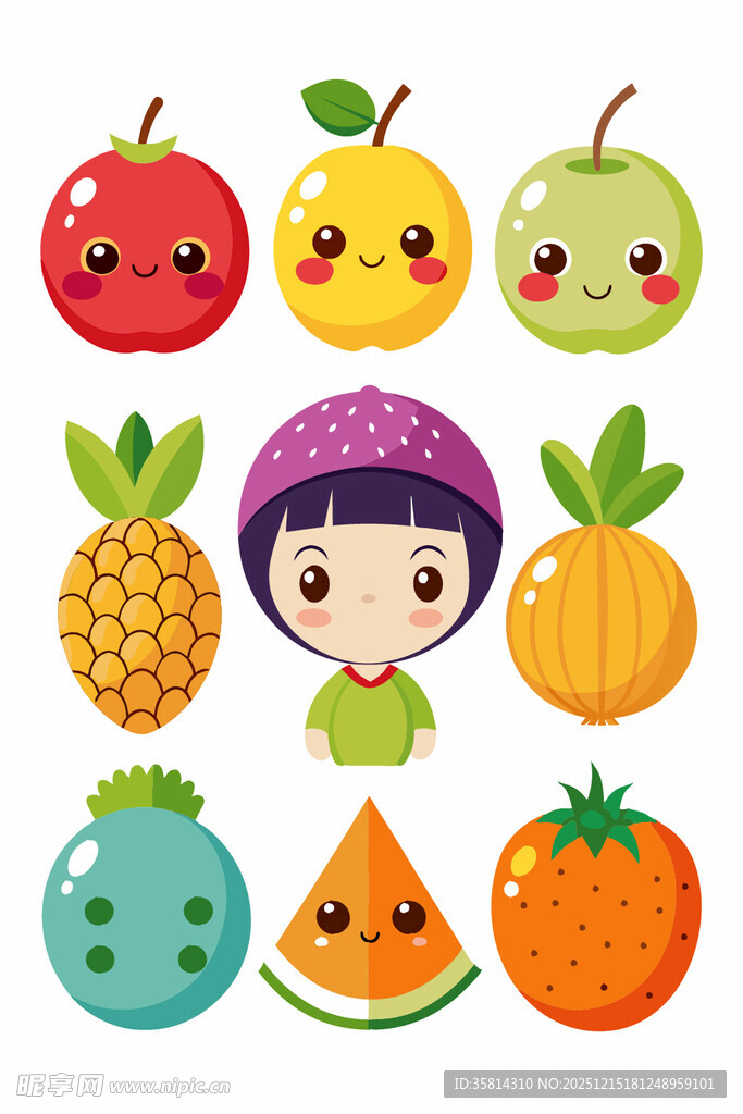可爱水果与女孩卡通形象
