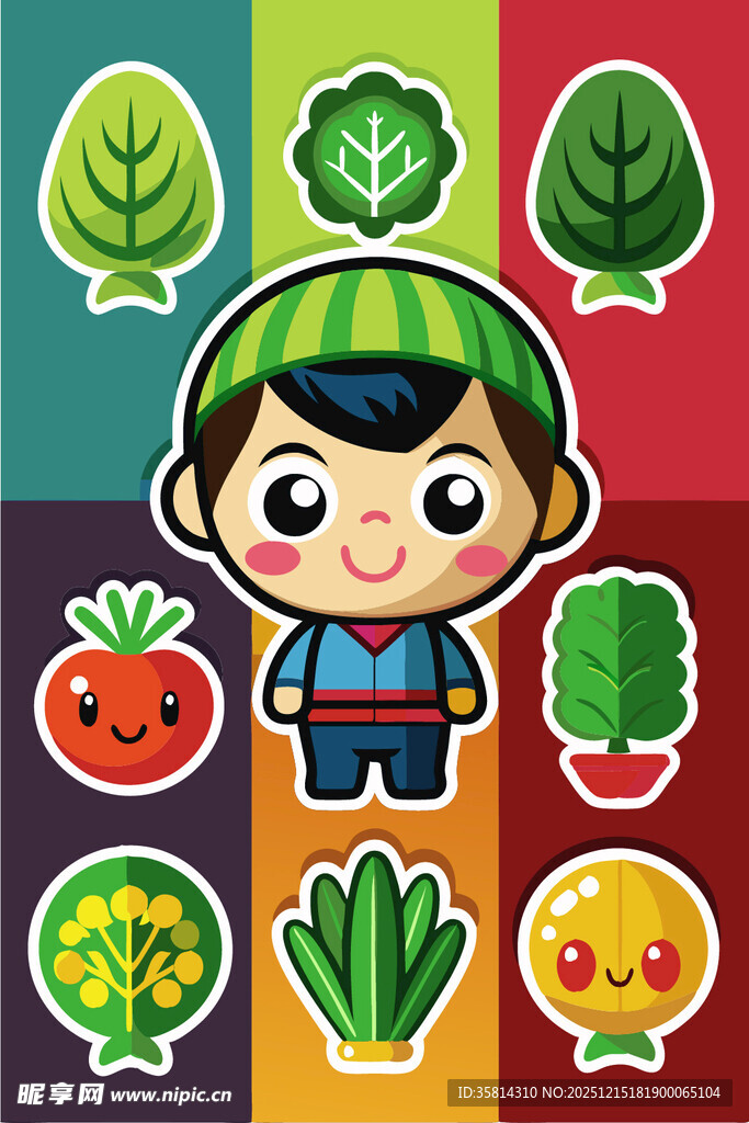 卡通男孩与多彩蔬菜元素