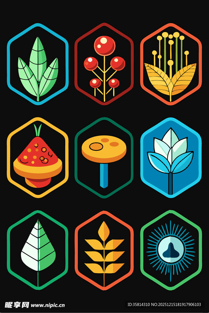 多彩自然元素六边形图标集