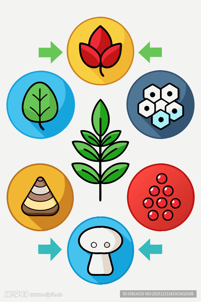多彩植物与菌类图标集合