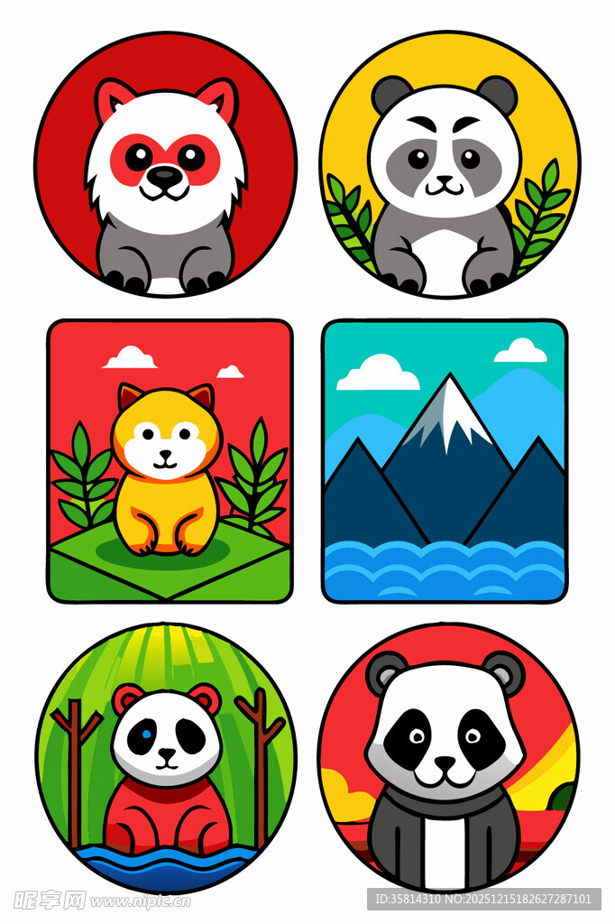 熊猫主题多彩圆形插画