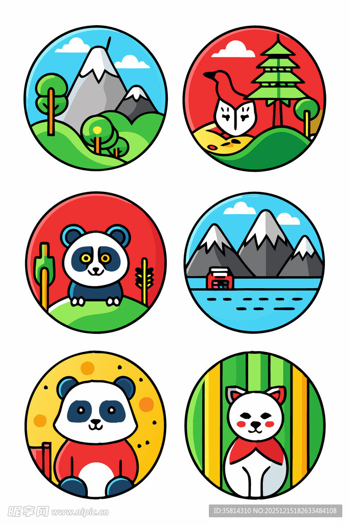 可爱动物与风景圆形插画