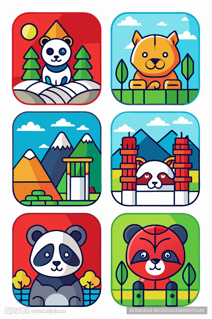 可爱动物方形插画图案