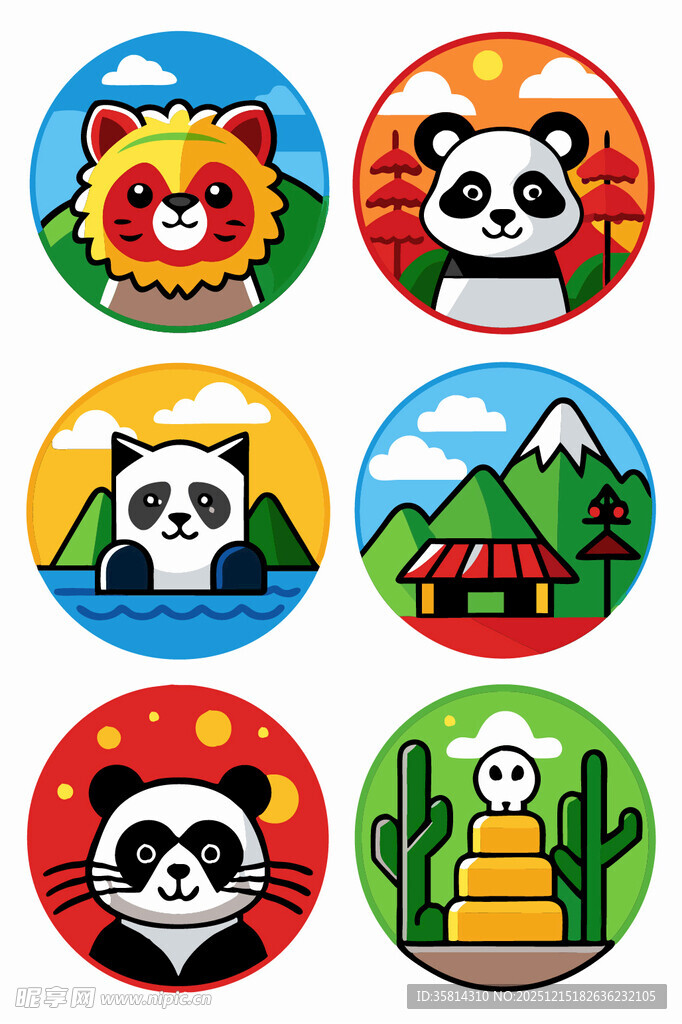 可爱动物与风景圆形插画