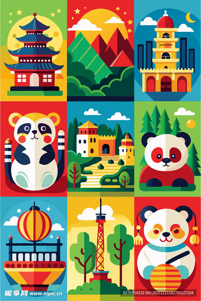 多彩中国风元素插画