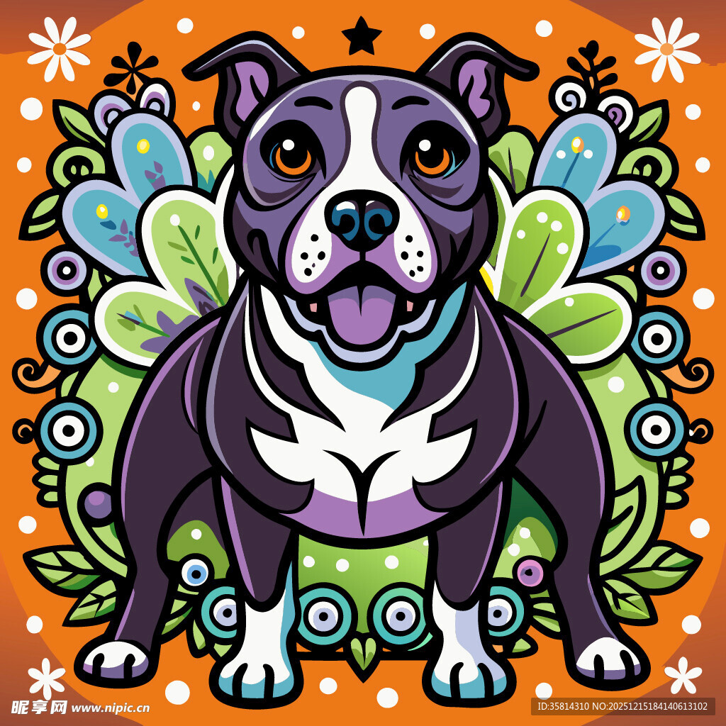 彩色插画风格的可爱斗牛犬