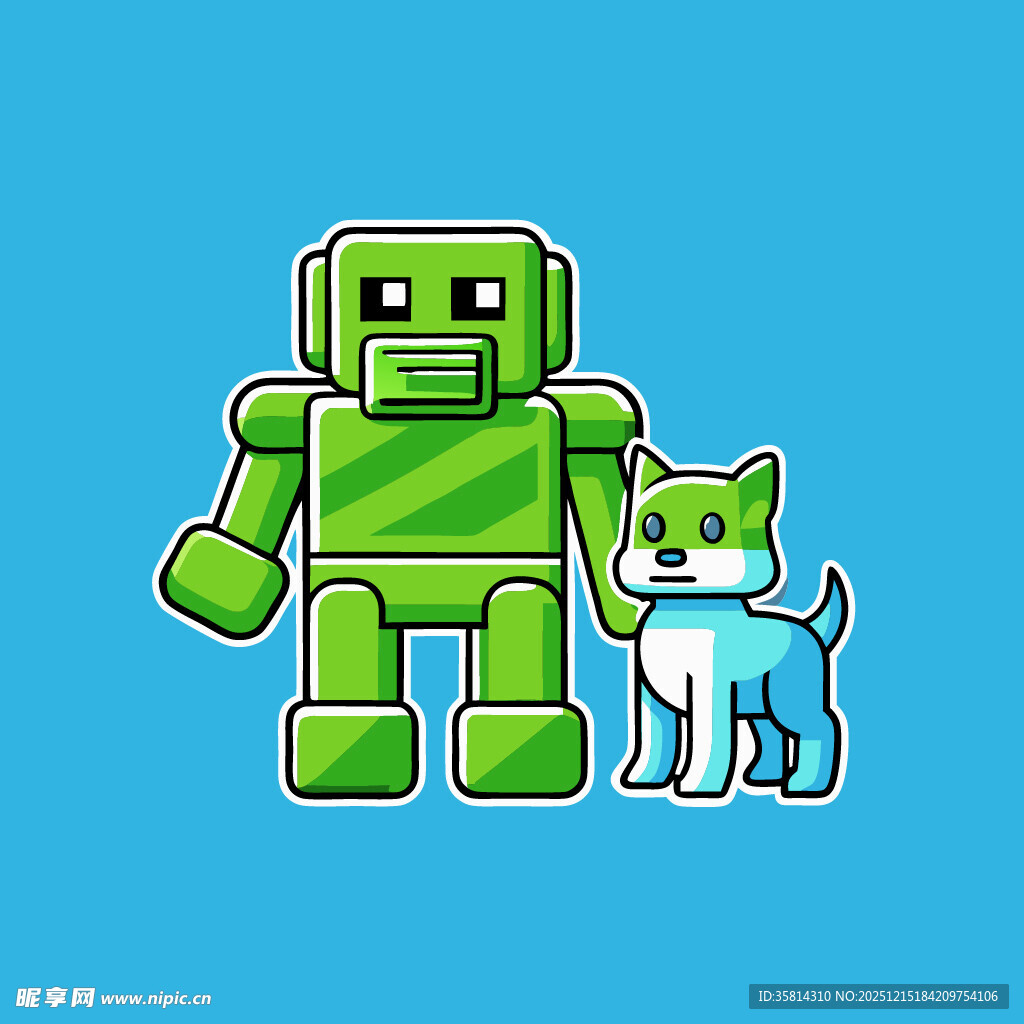 绿色机器人与蓝色猫咪