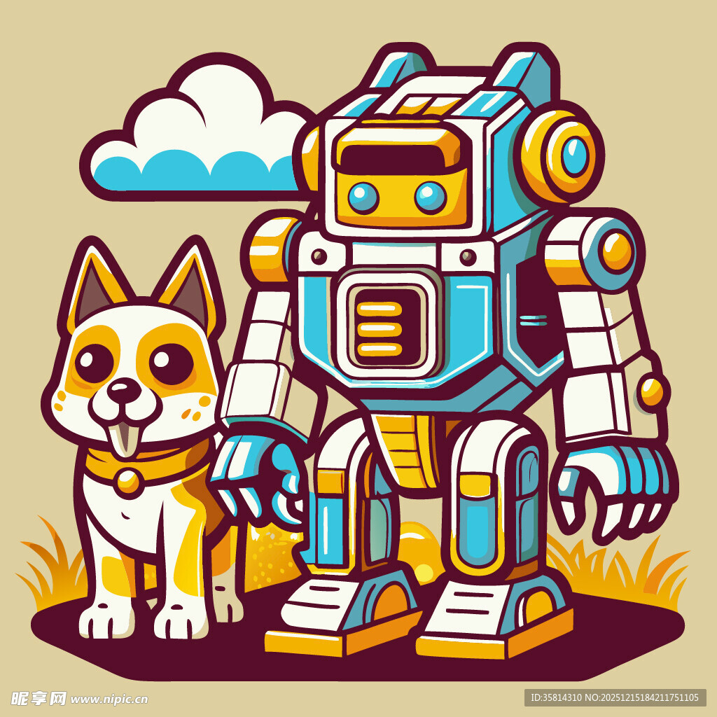 机器人与小狗的温馨画面