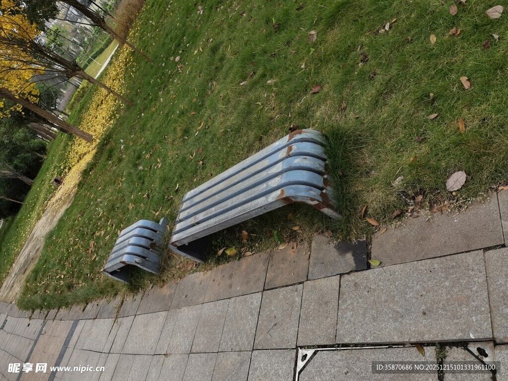 户外草地旁的金属长椅