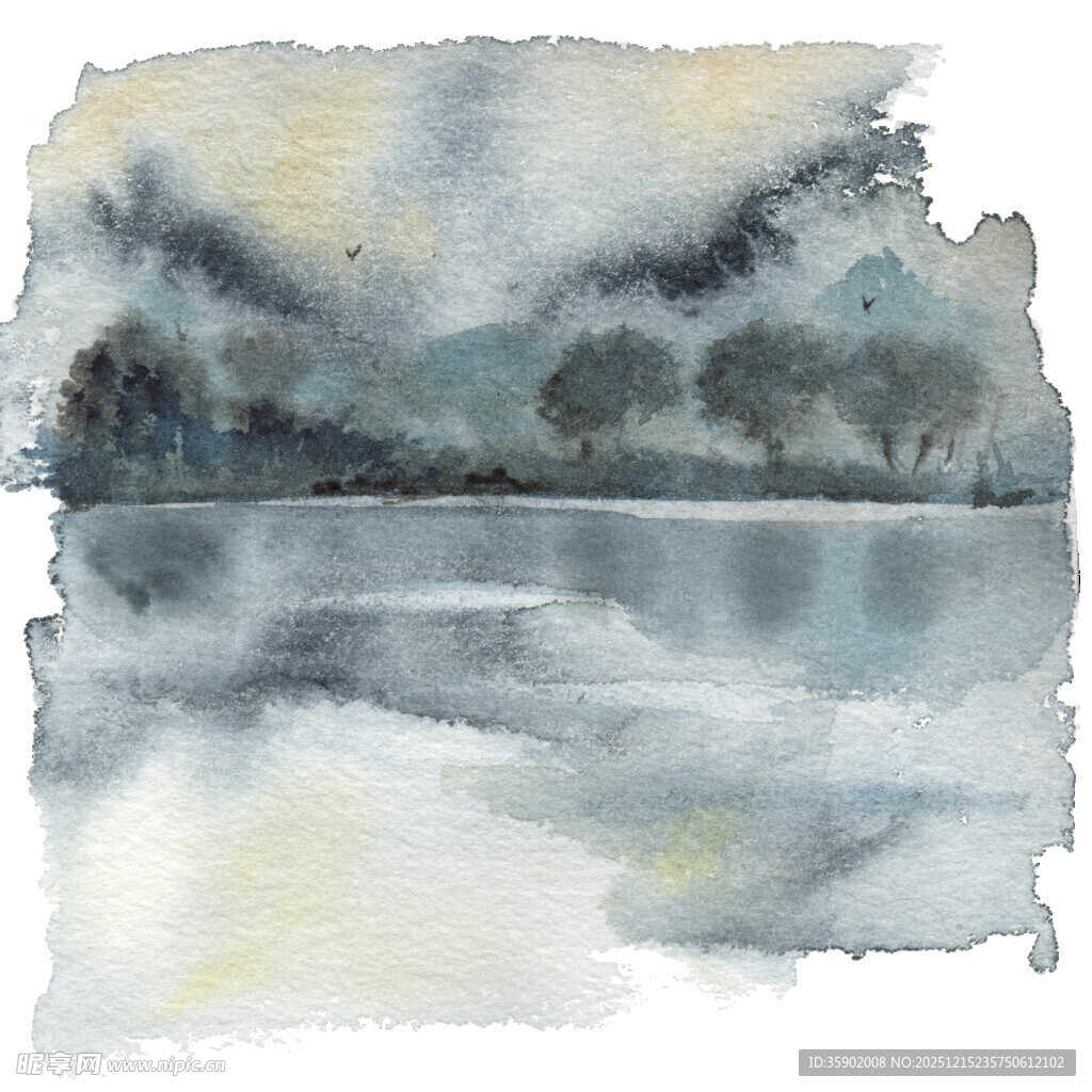 水彩绘就的静谧湖景