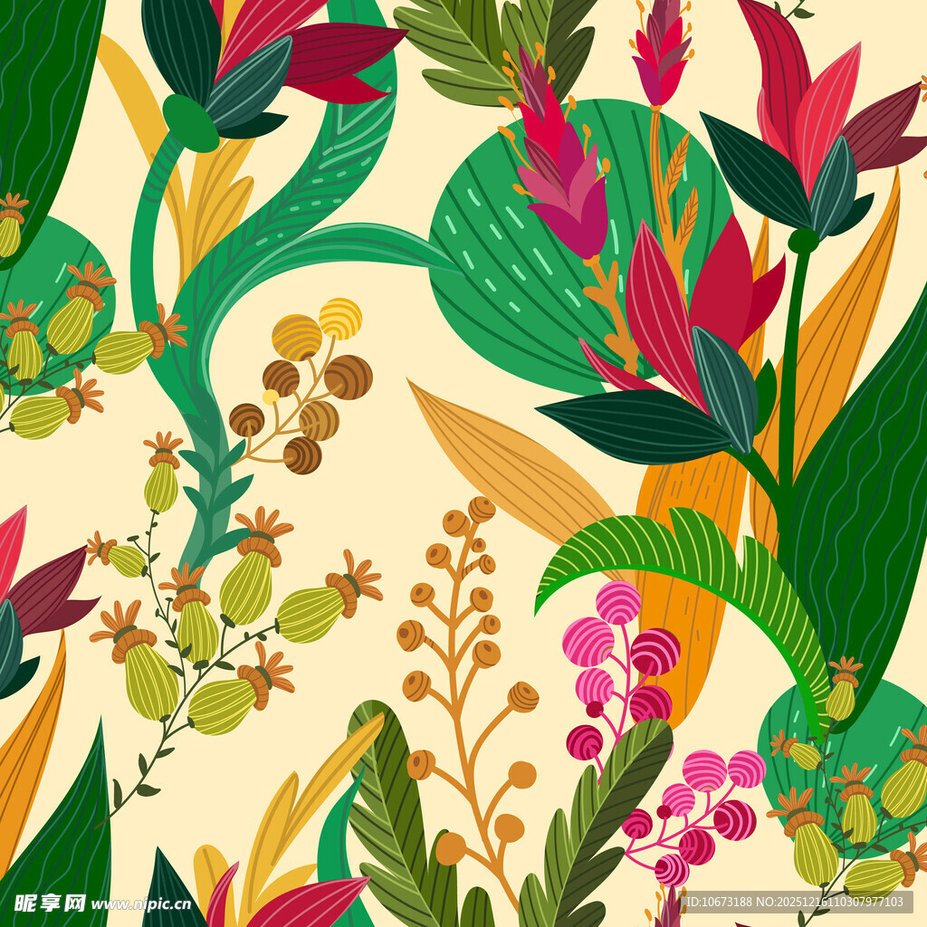 热带花卉植物无缝图案