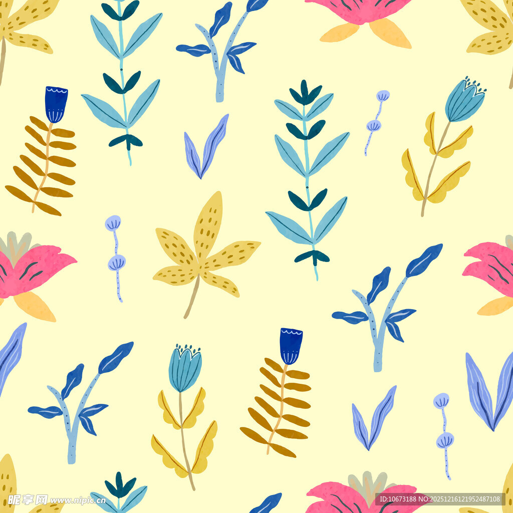 清新花卉植物无缝图案
