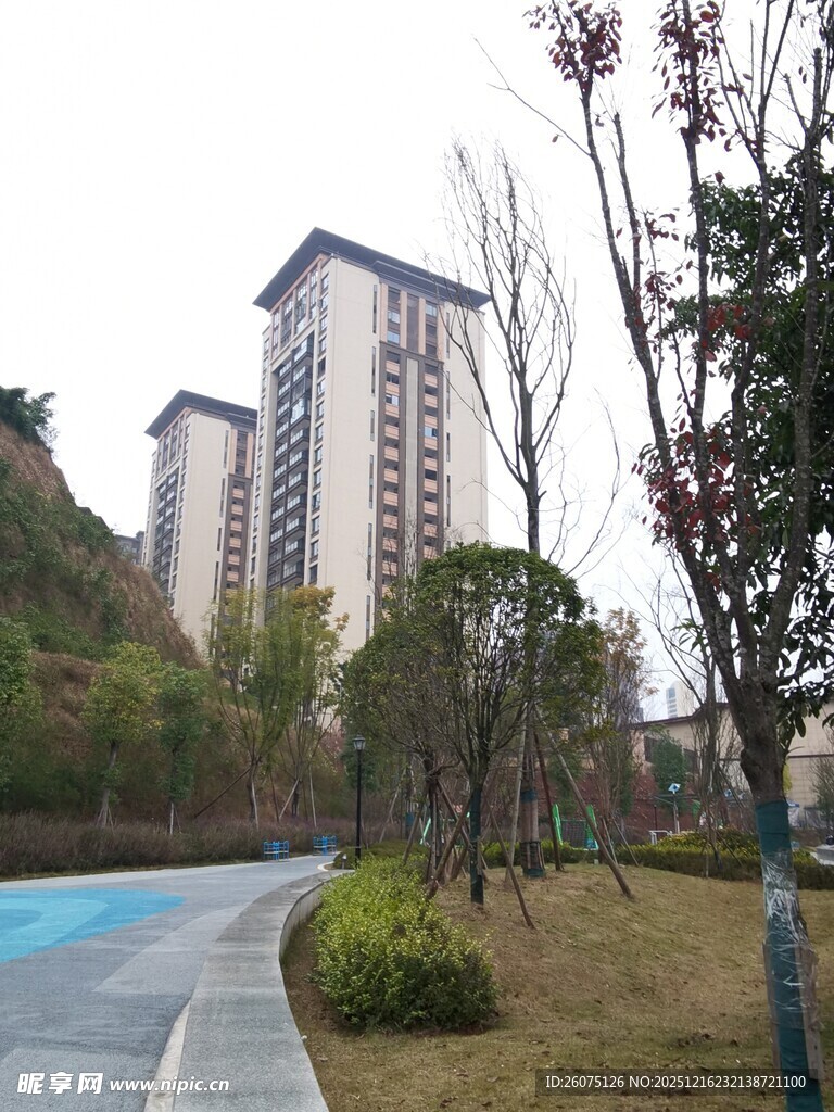 现代高层住宅旁的景观路