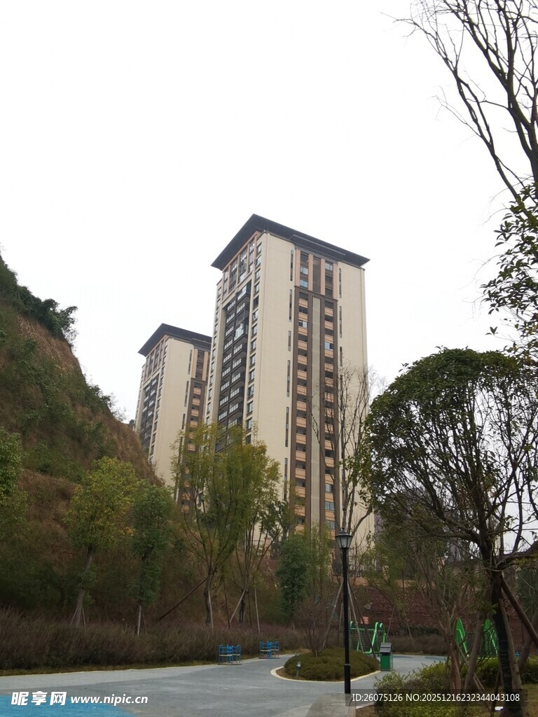 高层住宅旁的绿化景观