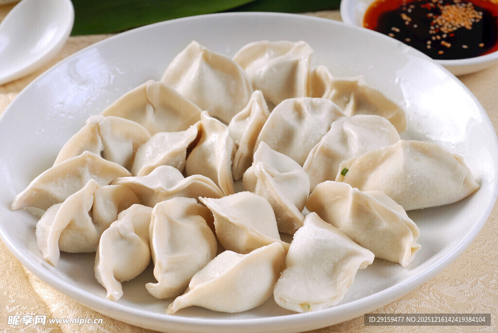 美味饺子摆放在白盘之中
