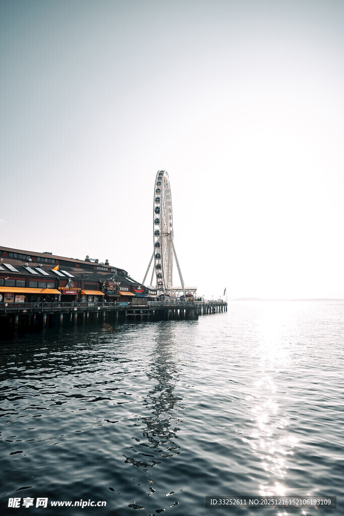 海边码头与高耸建筑景观