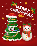 圣诞卡通树与雪人欢乐图