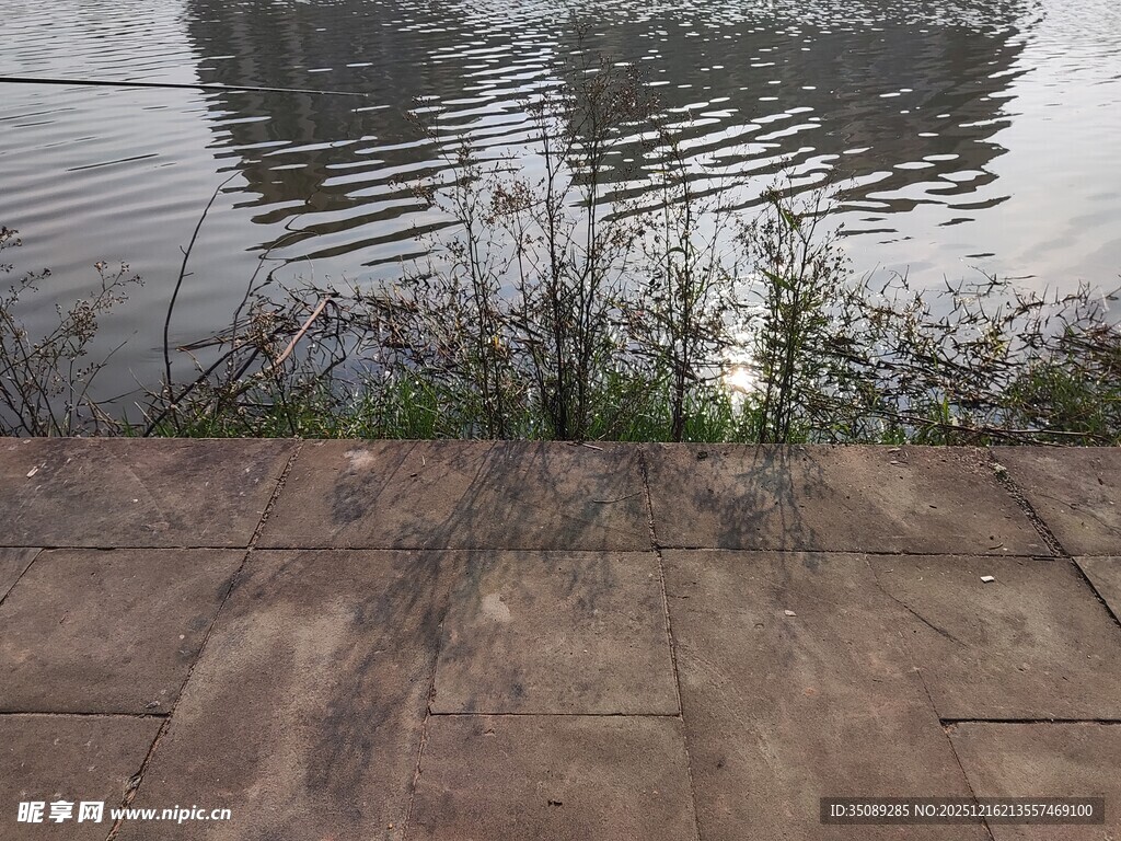水边石板与水中倒影