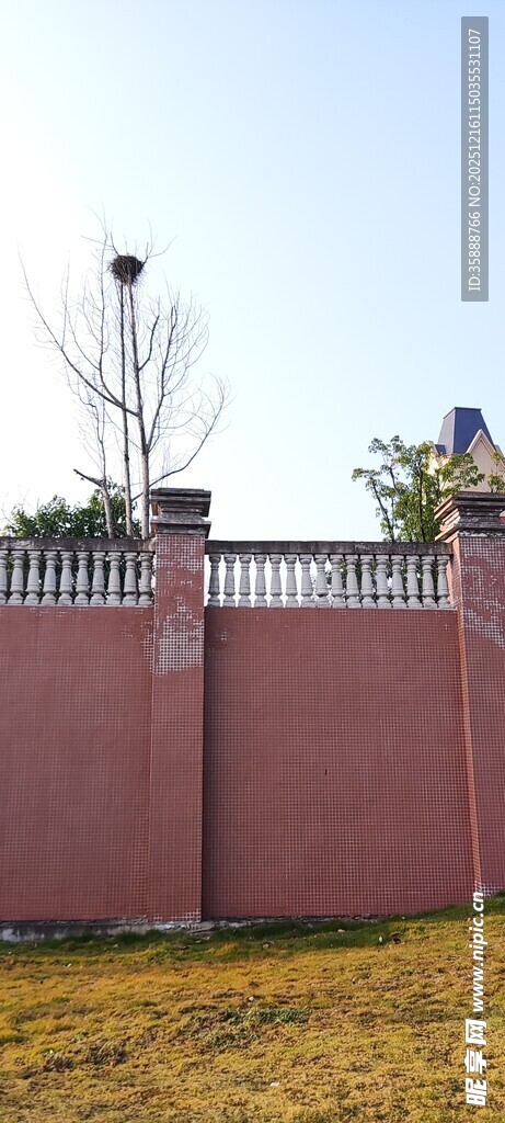 红墙围栏旁的开阔草地