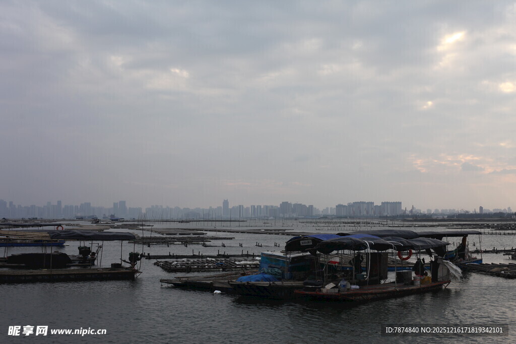 港口停泊船只的阴沉景象