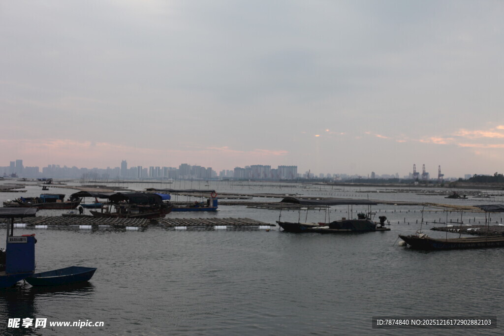 港口停泊船只的黄昏景象