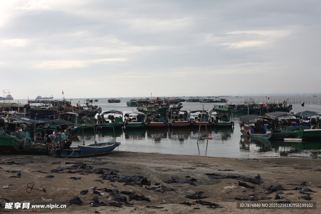 海边渔村停泊的众多船只